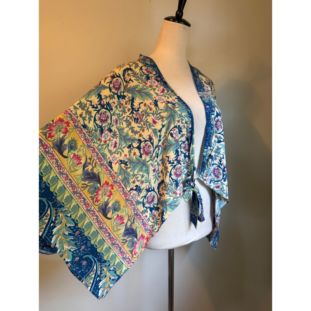 Floral Paisley Kimono Wrap BlueYellow One Size Boho Tie top whimsi cottage fairy